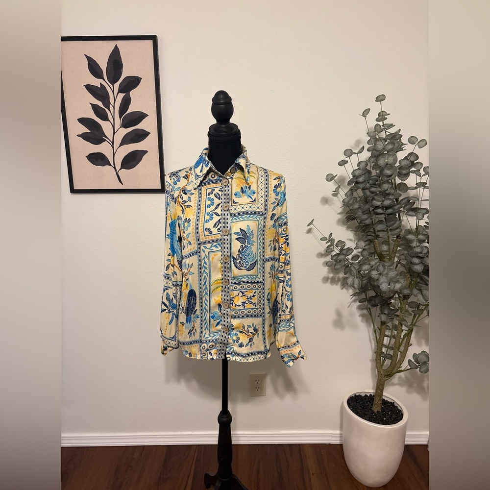 -SOLD-Rachel Zoe Blue & Yellow Tropical Print Button-Down Shirt